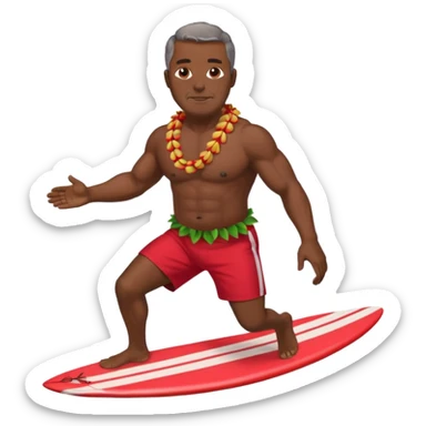 Dark muscular 50 year old man with red shorts and shell lei surfing sticker