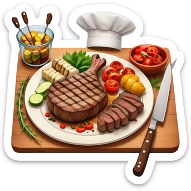 icon featuring a chef’s hat, a cutting board with fresh ingredients, a knife, a beautifully cooked ribeye steak, shashlik skewers, and a plate of food in the making. The design captures the passion of cooking with warm, inviting colors, and realistic textures. Transparent background. sticker