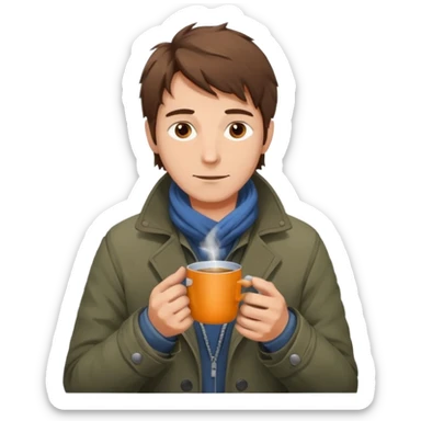 A gentle-looking man with messy hair and layered torn jackets, warming his hands over a small tin cup of hot drink.
 sticker