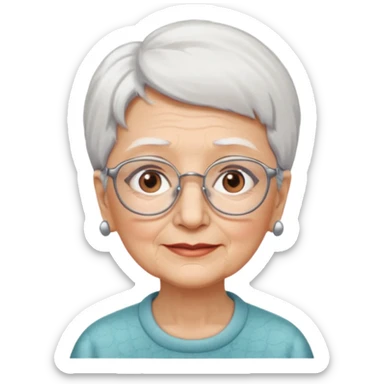 Create me emoji of an old lady. Short white hair to left side. Square glasses. Brown eyes. Rounded really big and long face. Wide nose sticker