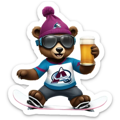 snowboarding bear wearing helmet and goggles, colorado avalanche jersey doing insane tricks while holding a beer sticker
