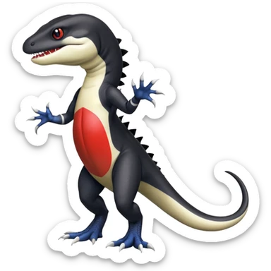 Black and white Orca-hybrid-reptile-reptilian-lizard-skink-gecko-Digimon-Fakémon-Pokémon-fusion-hybrid full body, two legs, two arms, claws, anthropomorphic, with red stripe sticker