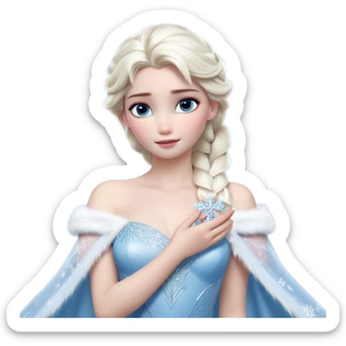 Cinematic Realistic Elsa Portrait, depicted with lifelike skin texture, soft natural lighting, and intricately detailed platinum blonde hair styled elegantly. Her striking, expressive blue eyes exude confidence and grace, complemented by a serene and regal expression. She holds a shimmering snowflake delicately in one hand, her other hand resting against her gown, embodying the power and beauty of winter. She is dressed in her signature icy attire, with shimmering fabric textures and delicate folds that catch the light beautifully. The portrait features a soft, enchanting glow with a cool, radiant finish, capturing the essence of timeless elegance in a realistic and painterly style. sticker