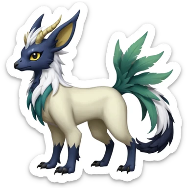 Dark-deep-colored gryphon-Trico-Nargacuga-Absol-Leafeon-Sprigatito-Silvally-fusion-hybrid with a long tufted tail, black beak, black claws, black tail, majestic, realistic, furry (full body) sticker