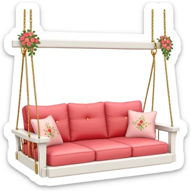Romantic white wooden pastel-red cushions couch-swing with tiny gold flowers around sticker