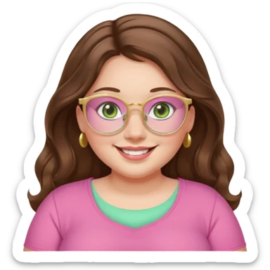 Girl girl long wavy brown hair with middle part, pale green eyes, plus size, pink girly top, gold rimmed glasses sticker