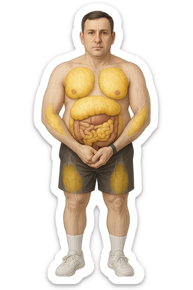a middle-aged man stands in a clinical setting, with semi-transparent overlays highlighting areas of excess body fat accumulation—such as the abdomen, chest, and thighs. The fat tissue is shown in yellow, contrasting with underlying muscles and organs. The man’s expression is neutral, and the background is clean and modern, emphasizing the educational aspect. senza scritte sticker