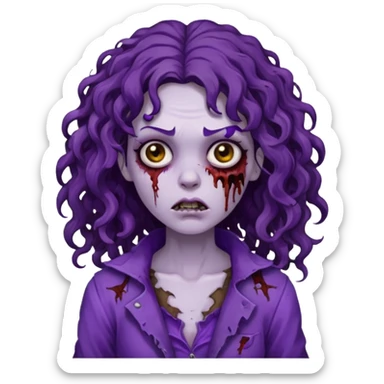 Zombie woman with curly, dark brown long hair (not thick or voluminous) wearing a ruined purple outfit.  sticker