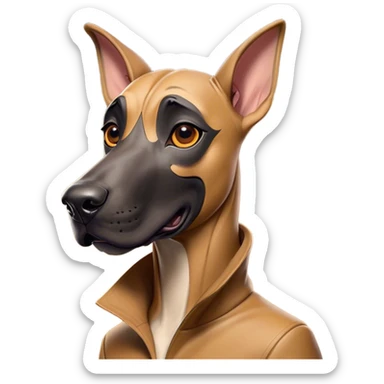 Cinematic Comical Fawn Great Dane Portrait Emoji, Head tilted dramatically with an exaggeratedly amused expression, featuring a sleek fawn coat with a subtle dark mask, wide, expressive amber eyes filled with playful disbelief, Simplified yet hilariously expressive features, highly detailed, glowing with a slightly sassy glow, high shine, dramatic yet playful, stylized with an air of cheeky mischief, bright and endearing, soft glowing outline, capturing the essence of a spirited and over-the-top guardian, so meme-worthy it feels like it could side-eye its way into internet fame instantly! sticker