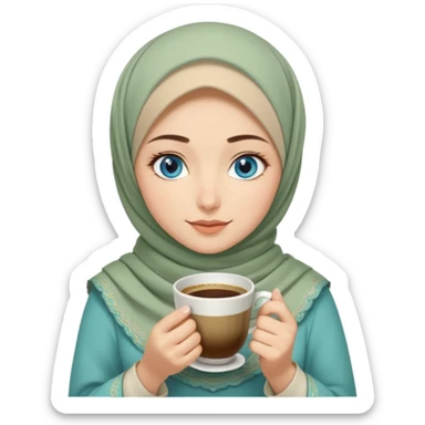Turkish beautiful finish Konya girl blue eyes with beige and light green hijab islamic dress and had on her hand Turkish coffee sticker
