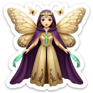 mystical woodland woman dressed as moth queen, velvet wing cloak, glowing dust sticker
