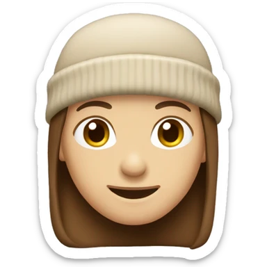 A person with medium-length brown hair, beige beanie, brown eyes, grins. No body only head, face. sticker