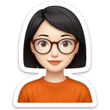 Korean 35-year-old female online marketer / white face / smiling expression / short hair / intellectual look / black hair / orange knit / brown glasses sticker