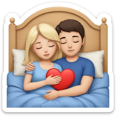 cuddling in bed, asleep. blonde girl. brunette man. eyes closed. heart between them. no headboard sticker