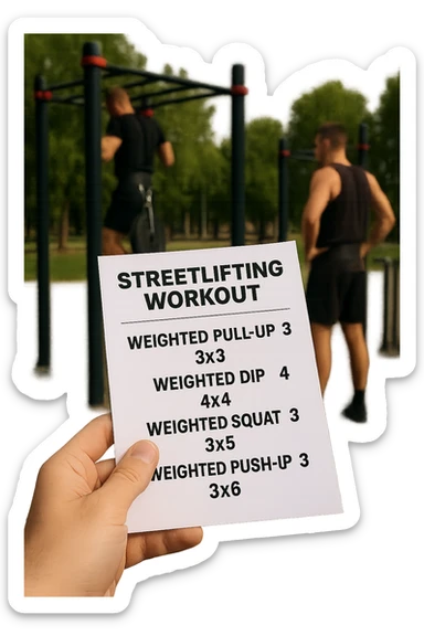 a close-up of a hand holding a printed streetlifting workout routine, with the exercises and sets written in bold text. In the background, an outdoor gym with pull-up bars, dip stations, and athletes wearing weighted belts. The lighting is natural, and the mood is motivational. sticker