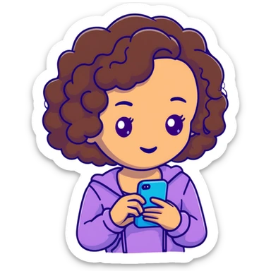 brunette girl with curly medium length hair, brown eyes, slightly tan skin, holding a phone sticker