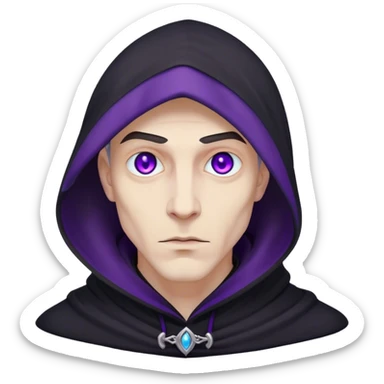 A pale sorcerer in a flowing black hood, his eerie violet eyes locked onto the viewer sticker