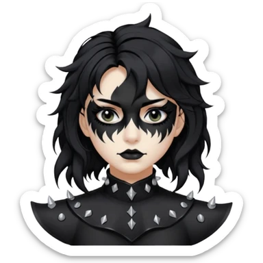 Crea una ragazza con stile black metal,  paint face black metal, capelli neri, mossi dalle spalle e occhi bianchi e un collare con borchie a punta sticker