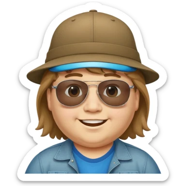 a very fat 16 year old boy who has light brown hair and a mullet and wearing a hat with upside down sunglasses on top of the hat sticker
