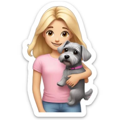 A seven-year-old girl with blonde hair and brown eyes in a light pink T-shirt and rainbow leggings hugs a gray miniature Schnauzer dog sticker