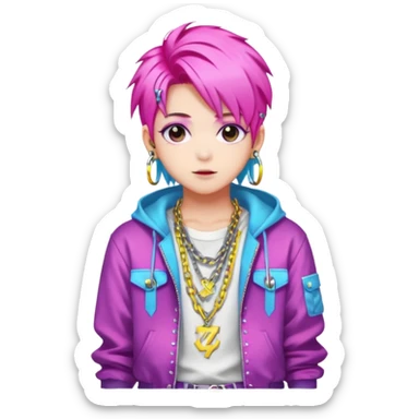  portrait-of-young-ghost-idol-in-kpop-style,-wearing-flashy-streetwear-outfit,-colorful-dyed-hair,-confident-pose,-accessorized-with-chains- sticker