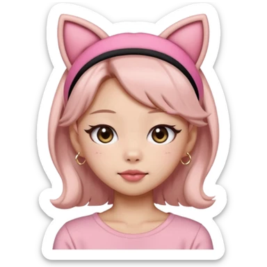 “Cartoon emoji of Jennie from BLACKPINK, heart-shaped face, almond upturned eyes, defined jawline, soft blush, chic expression, cat ears headband” sticker