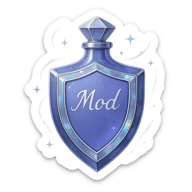 prabangus eliksyro buteliukas, skydo forma, spalva #7986cb, sidabrinės ir holografinės detalės, labai mažas kaklelis, vientisas dugnas, plūduriuoja ore, be pagrindo ar šešėlio, modernus, kolekcijai tinkamas, magiški švytėjimai ir efektai, užrašas 'Mod' ant buteliuko, skaidrus fonas sticker