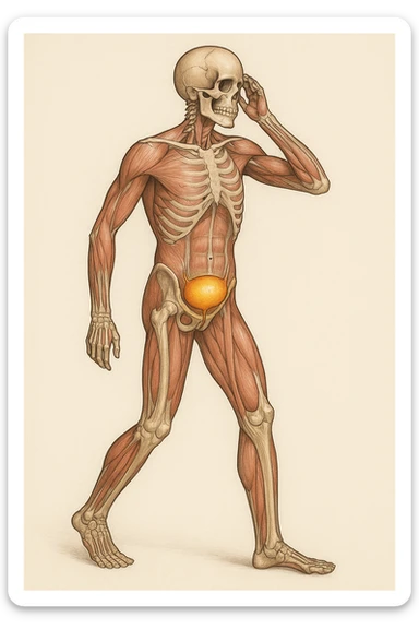 CORPO UMANO ANATOMICO CHE SI SVEGLIA LA NOTTE PER SVUOTARE LA VESCICA, VESCICA ANATOMICA IN EVIDENZA, SFONDO CHIARO NEUTRO sticker