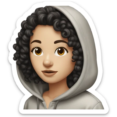 white girl with black curly hair and brown eyes in hoodie sticker