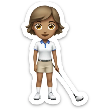 Female with olive skin tone, brown eyes, brown straight short hair dressed in golf clothing and holding a golf club sticker