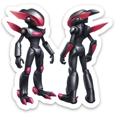 a shiny metallic black Genesect-Flygon-Raptor-Fakémon-Medabot-hybrid with a futuristic visor-helmet full body sticker