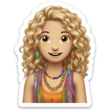 Caucasian hippie girl with curly dirty blonde hair, hazel eyes, baggy colorful pants and a tank top, lots of bohemian bracelets and jewelry sticker