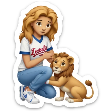 friendly anthropomorphised female lion wearing a baseball shirt, jeans, and trainers, comforting another character sticker