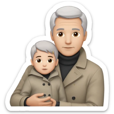 A father with silver-grey hair styled neatly and a clean-shaven face, wearing a dark turtleneck and wool coat, holding his child gently. The child has light brown hair and a soft white jacket. Warm cinematic lighting, emotional close-up. sticker