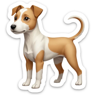 a full body facing front on of a buff white parson russell terrier looking dog the size of a kelpie with light brown long ears resting on its face and a light brown patch above one eye and a large snout. the rest of the dog is completely white.  sticker