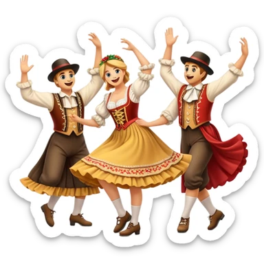 Cinematic Realistic Schuhplattler Dance Emoji, depicted as a lively traditional folk dance scene with performers in authentic Bavarian costumes, rendered with dynamic textures and festive natural lighting that captures the spirit of rural celebration. sticker