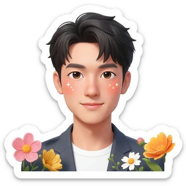 Gorgeous bright sparkly romantic Asian anime style guy with blushing face and flowers aesthetic trending style outside sticker