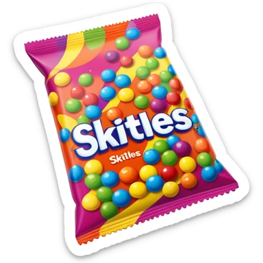 A Skittles candy package from the 1990s with extreme 90s American design, wild patterns, vibrant colors sticker