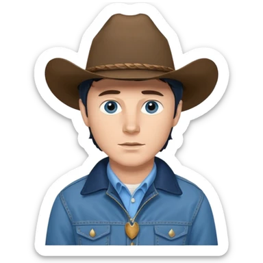Jack Twist from Brokeback Mountain with blue eyes, dark brown hair, light blue shirt, navy blue jacket and cowboy hat sticker