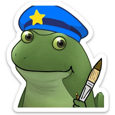 Make the baby oil bottle look like an artist with a beret and paintbrush, in the green bufo frog meme style, no background. sticker