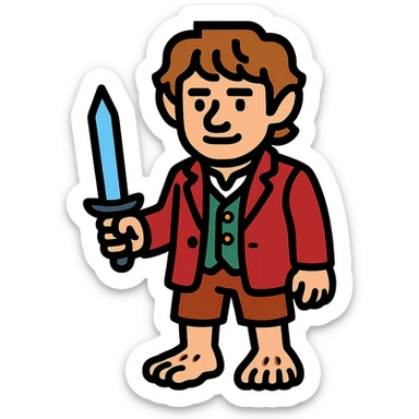 Whole body image of bilbo baggins from the hobbit movie in pixel art style. Bilbo is younger. Make Bilbo look like the actor that portrayed him in the movie, Martin Freeman. Bilbo is wearing the same red jacket, green vest, white undershirt, brown leather short pants, and hairy hobbit feet. He is holding a short sword that is glowing with a blue hue.  sticker