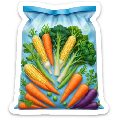 A colorful plastic bag filled with mixed vegetables — peas, carrots, corn, and broccoli — sealed and lightly frosted. Tnutrition facts, and vibrant vegetable images. Displayed in a grocery store freezer with cool white lighting and condensation on the glass door. sticker