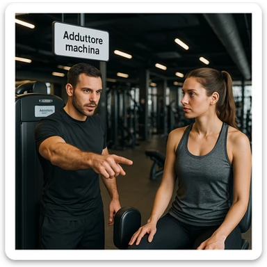 realistic scene of a personal trainer in a modern gym decisively pointing to the adductor machine to a client in sportswear, confident and professional expression, attentive client, motivational atmosphere, detailed, Italian sign 'Adductor machine', equipped gym background, 4K quality sticker
