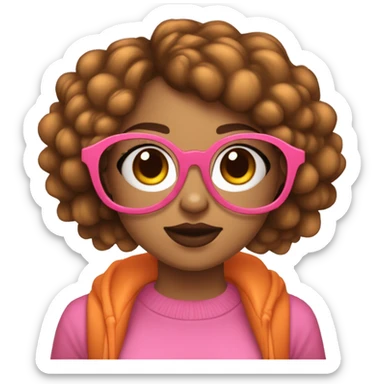 Chica joven con pelo corto de color castaño, con gafas redondas con borde dorado. Pecas en las mejillas y labios gorditos color rosa. Tiene un perro color negro y naranja sticker