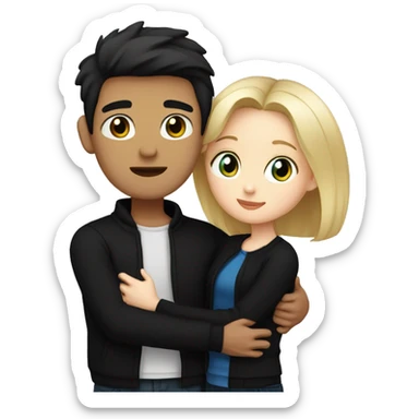 Blonde girl with blue eyes in black sweater and an east asian man with black hair and black eyes hugging sticker