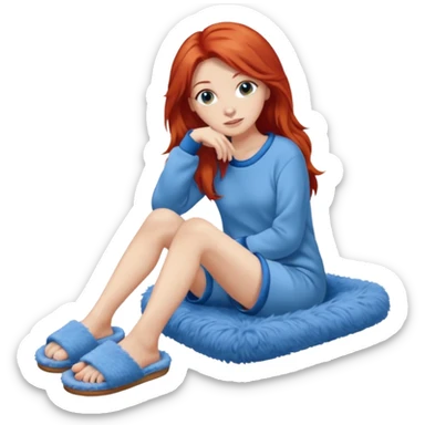 young woman with long red hear wearing comfy lounging outfit, wearing blue fuzzy slippers sticker