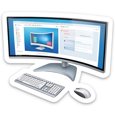 Create an emoji for UX/UI design. Show  large curved monitor displaying windows with UX/UI design interface. Include a mouse, keyboard, and stylus next to the screens. Use modern, professional colors. Do not include any emojis or smiley faces. Make the background transparent. sticker