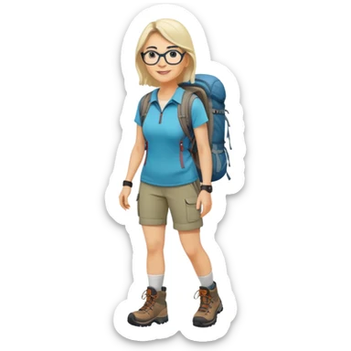 Woman in her 40s with glasses wearing sporty outfit, hiking boots, and backpack looking happy and curious sticker