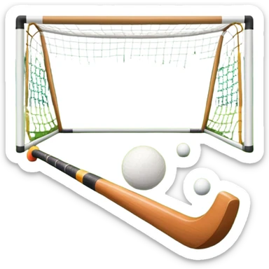 field hockey stick and ball on green grass field with goalposts in background sticker