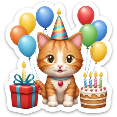 Ginger tabby kitten celebrates birthday, birthday hat, birthday cake, one candle, balloons, happy, gifts sticker